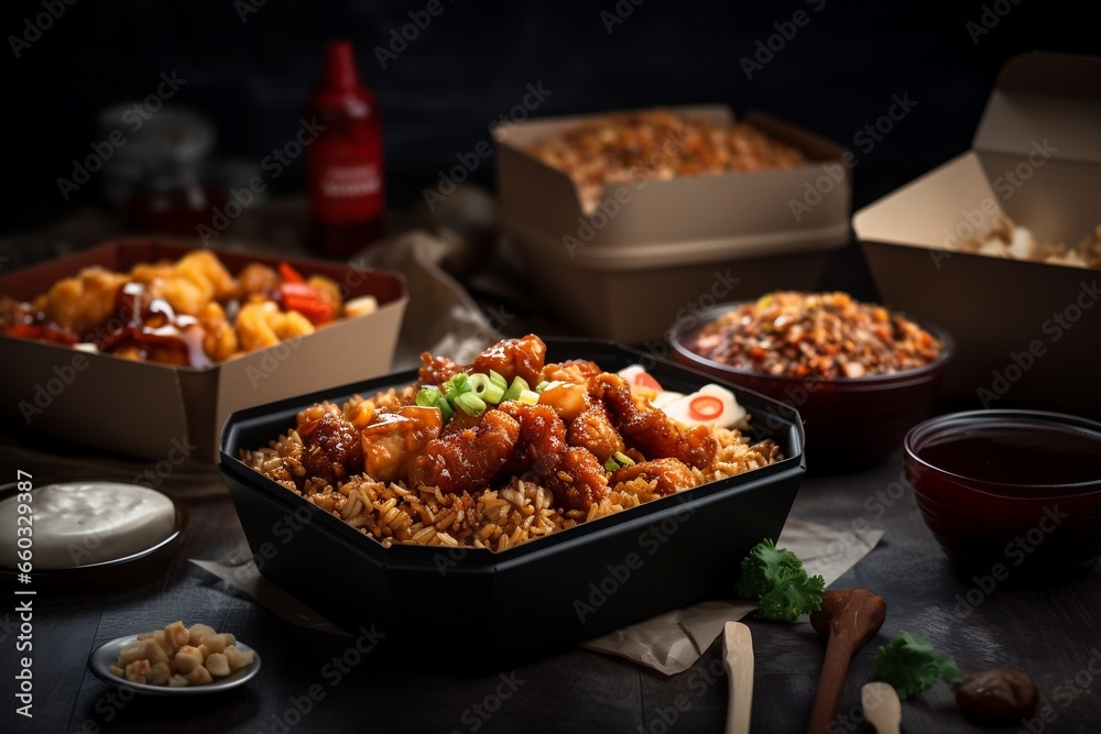 chinese take out with fried rice and chicken, street food, truck, generative ai