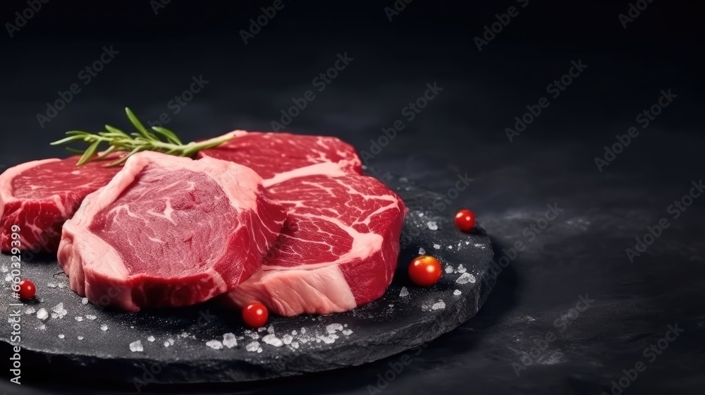 Raw meat for cooking steak on stone black plate on black background. Generative Ai