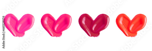 Set of hearts from liquid lipstick in pink and red colours isolated on white background. Lipstick smear smudge texture different hue colors isolated on white background. Template swatch set.