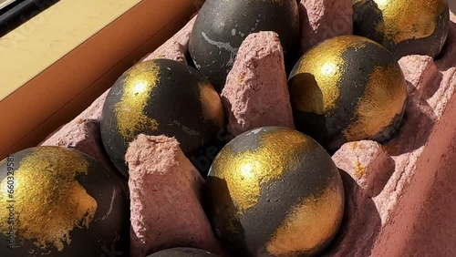 Cosmic eggs with gold are lying in a basket next to willow twigs for Easter