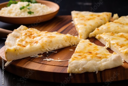 slices of cheese pizza on a wooden pizza peel