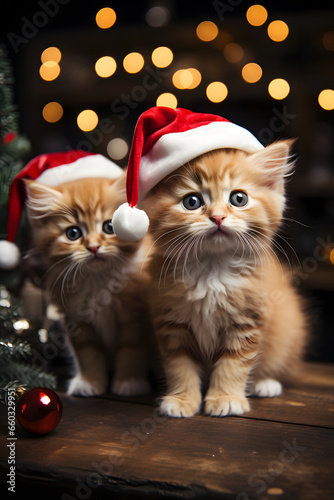 Cute fluffy kittens in red caps, against the background of a Christmas fir-tree. Christmas holiday style