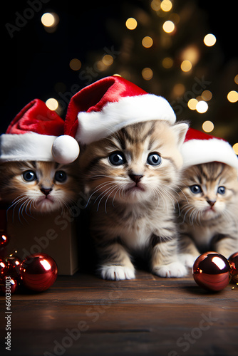 Cute fluffy kittens in red caps, against the background of a Christmas fir-tree. Christmas holiday style