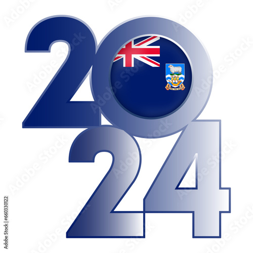 Happy New Year 2024 banner with Falkland Islands flag inside. Vector illustration.