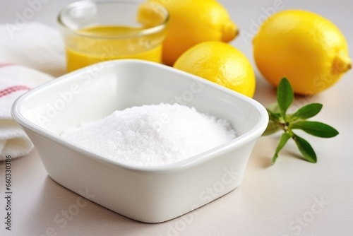 a lemon and baking soda paste in a ceramic dish