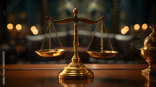 Scales of Justice in blur dark Court Hall. Law concept of Judiciary, Jurisprudence and Justice. Copy space.