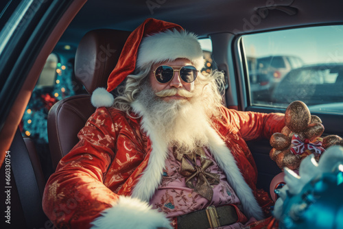 Portrait of Santa Claus in a car, view inside. Christmas delivery © zamuruev