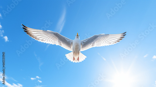 white seagull flying in the sky