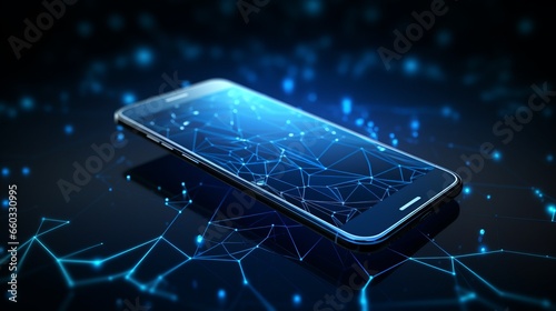 Futuristic communication polygonal 3d smartphone made of linear polygons in dark blue color. Online business, it, network, support, services app concept.