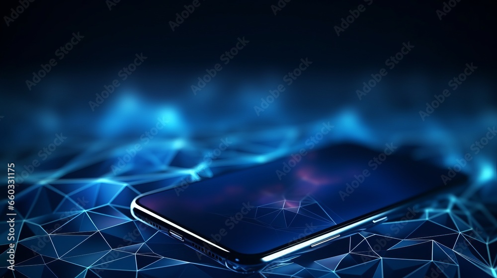 Futuristic communication polygonal 3d smartphone made of linear polygons in dark blue color. Online business, it, network, support, services app concept. - obrazy, fototapety, plakaty 