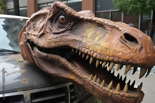 Angry dinosaur wreaks havoc on vehicles in the city. Generative AI