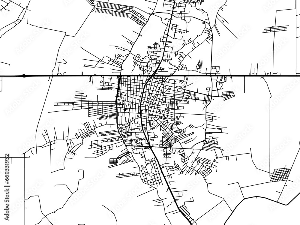 Vector road map of the city of  Cardenas in Mexico with black roads on a white background.