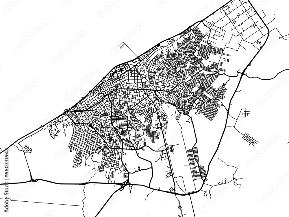 Fototapeta premium Vector road map of the city of Campeche in Mexico with black roads on a white background.