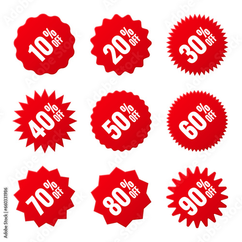 Price tags collection, special offer or shopping discount label with percent, discount percentage value. Red turned retail paper sticker. Promotional sale badge. Vector illustration