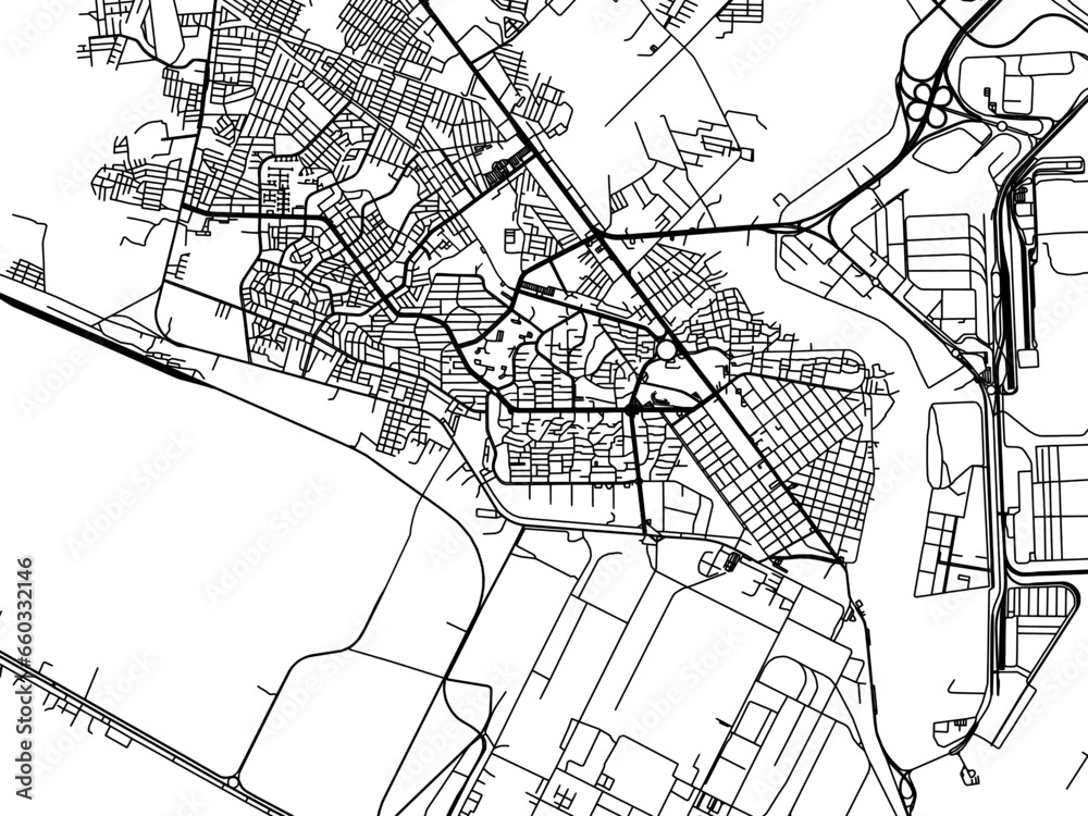 Vector road map of the city of  Ciudad Lazaro Cardenas in Mexico with black roads on a white background.