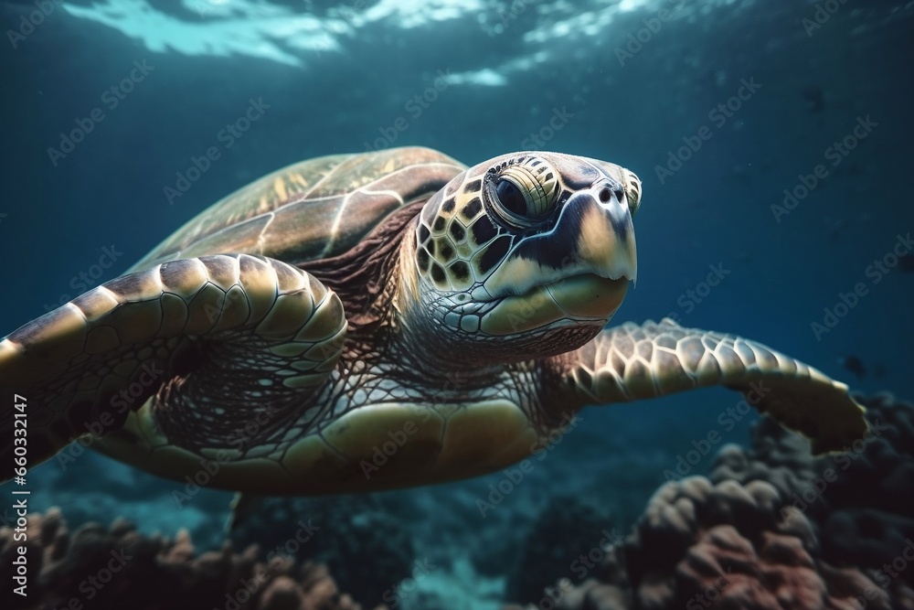 Fototapeta premium Sea turtle swimming under sea. Beautiful underway, tropical wallpaper, generative ai