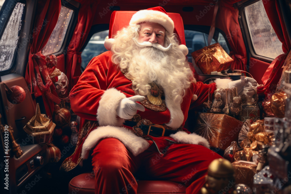 Santa Claus delivers presents. Santa Clause in the car full of gift boxes, Christmas shopping