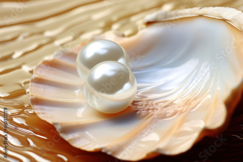 Closeup of pearl in bivalve. Beauty of sea life