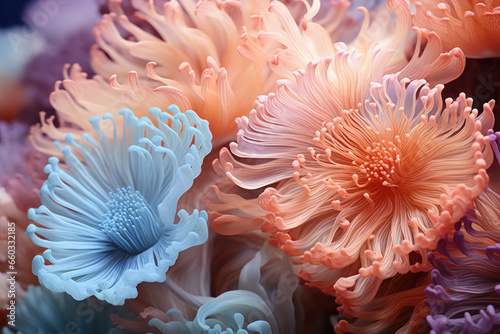 Extreme closeup of sea anemones in gentle pastel colors showing the texture of it 