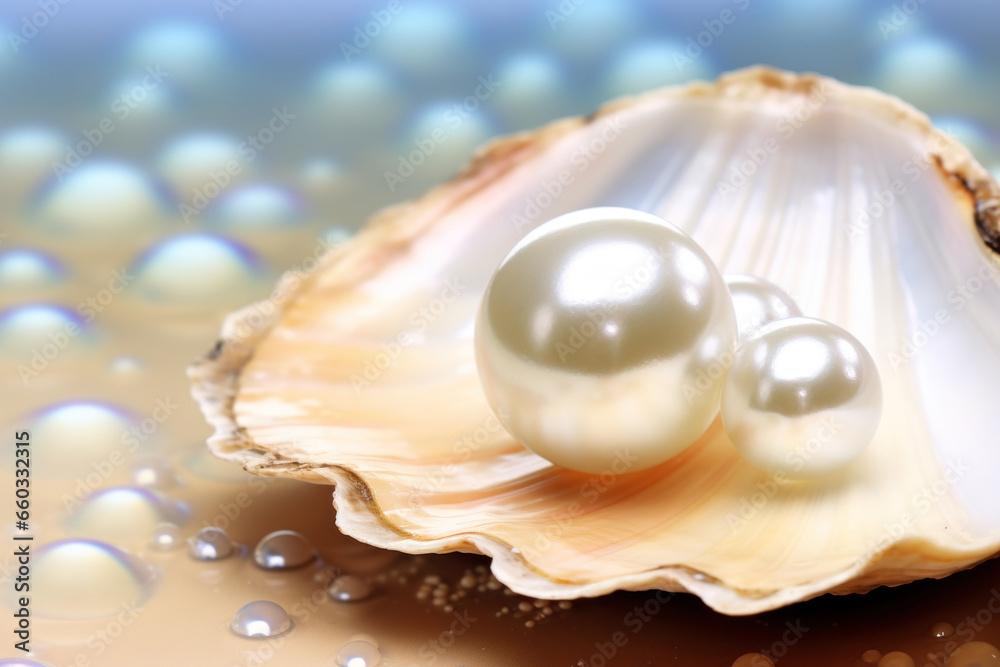 Macro detail photo of pearl in bivalve. Beauty of sea life