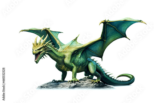 angry green dragon on white isolated background. Symbol of Chinese New Year 2024. Generative AI illustration © alexkoral