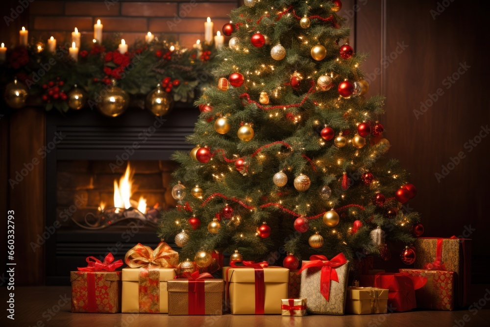 Christmas tree with gift boxes and lights in the room. Christmas tree with gift boxes and lights in the room.