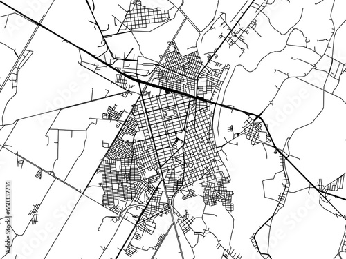 Vector road map of the city of  Guasave in Mexico with black roads on a white background.