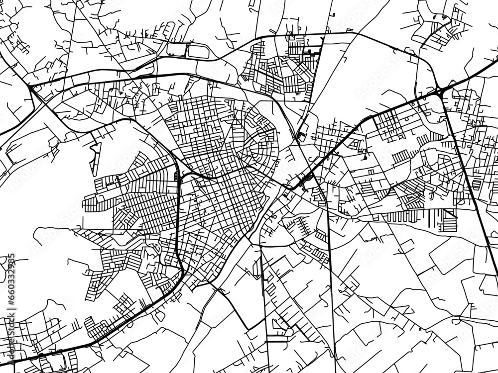 Vector road map of the city of  Lagos de Moreno in Mexico with black roads on a white background.