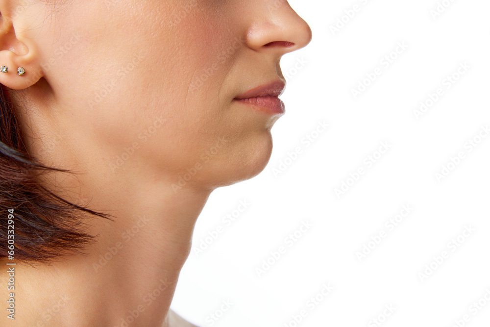 Close-up cropped profile portrait of brunette good-looking woman nose, neck, chin. Beauty anti aging procedures. Skin care cosmetic treatment. Close-up cropped profile portrait of brunette good-looking woman nose, neck, chin. Beauty anti aging procedures. Skin care cosmetic treatment.