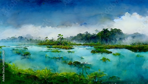 aquarelle environment panorama dense green swamp lianas blue water surface with white fog few grasstufts background mountains with distant dark clouds 