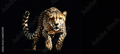 Cheetah (Acinonyx jubatus) running, Isolated on Black Background, Savannah South Africa, hunting Concept