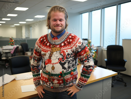 man at work dressed in woolen sweater with Christmas ornament. international ugly sweater day concept