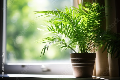 a green indoor plant enjoying the sunlight near an open window