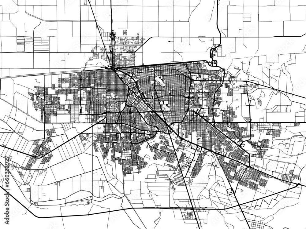 Vector road map of the city of  Mexicali in Mexico with black roads on a white background.
