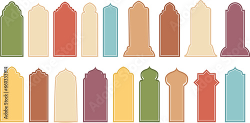 shape islamic window set. Arabian muslim shape arch. Ramadan kareem silhouette mosque gate. Islamic arabesque. Stock vector illustration isolated on white background