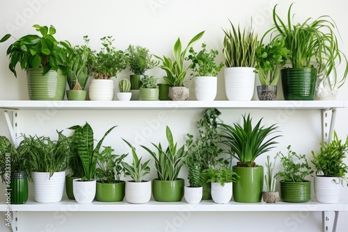 green indoor plants arranged on a white shelf