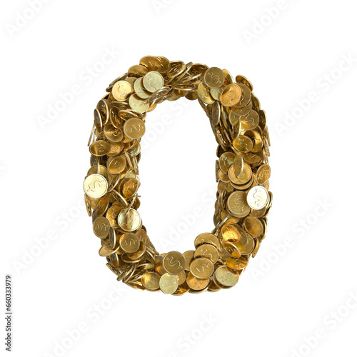 Alphabet made from gold coins on transparent background