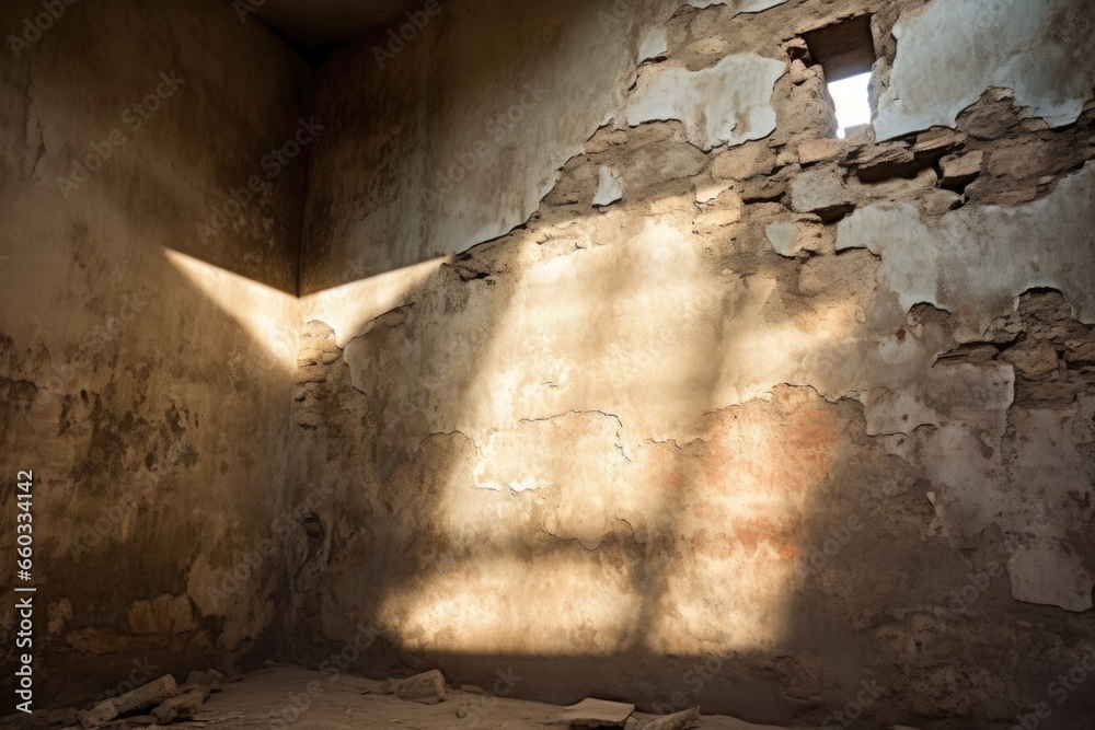 a broken wall with sunlight passing through it