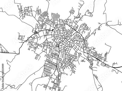 Vector road map of the city of San Andres Tuxtla in Mexico with black roads on a white background.