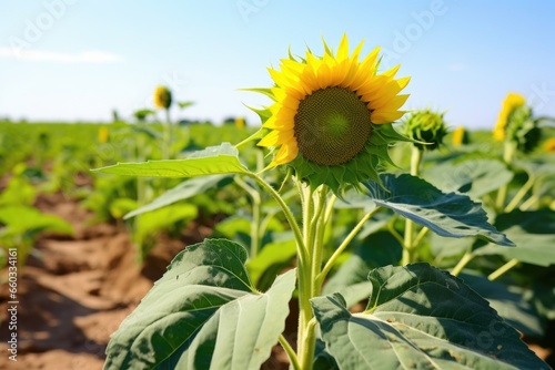 one bloomed sunflower among buds in field