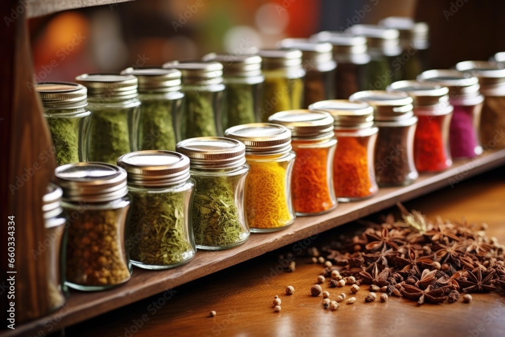glass jars containing colorful spices on a rack glass jars containing colorful spices on a rack