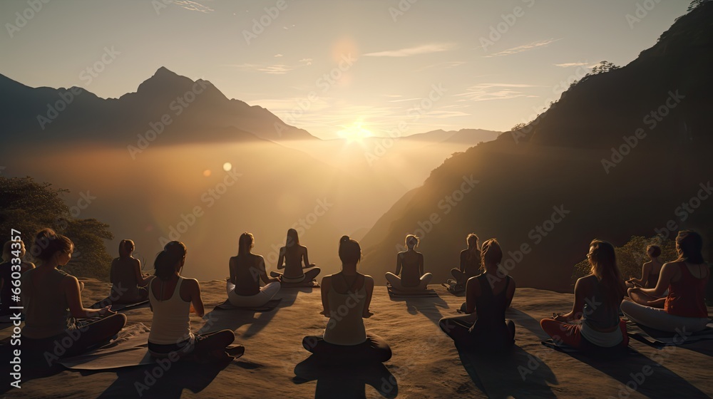 A mountaintop yoga practice ultra realistic illustration - Generative AI.