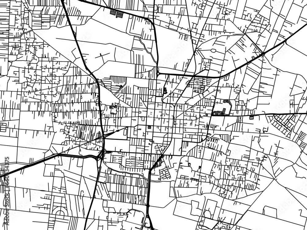 Vector road map of the city of  Texcoco de Mora in Mexico with black roads on a white background.
