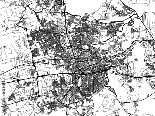 Vector road map of the city of Santiago de Queretaro in Mexico with black roads on a white background.