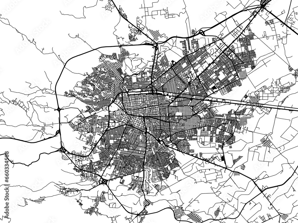 Vector road map of the city of  Victoria de Durango in Mexico with black roads on a white background.