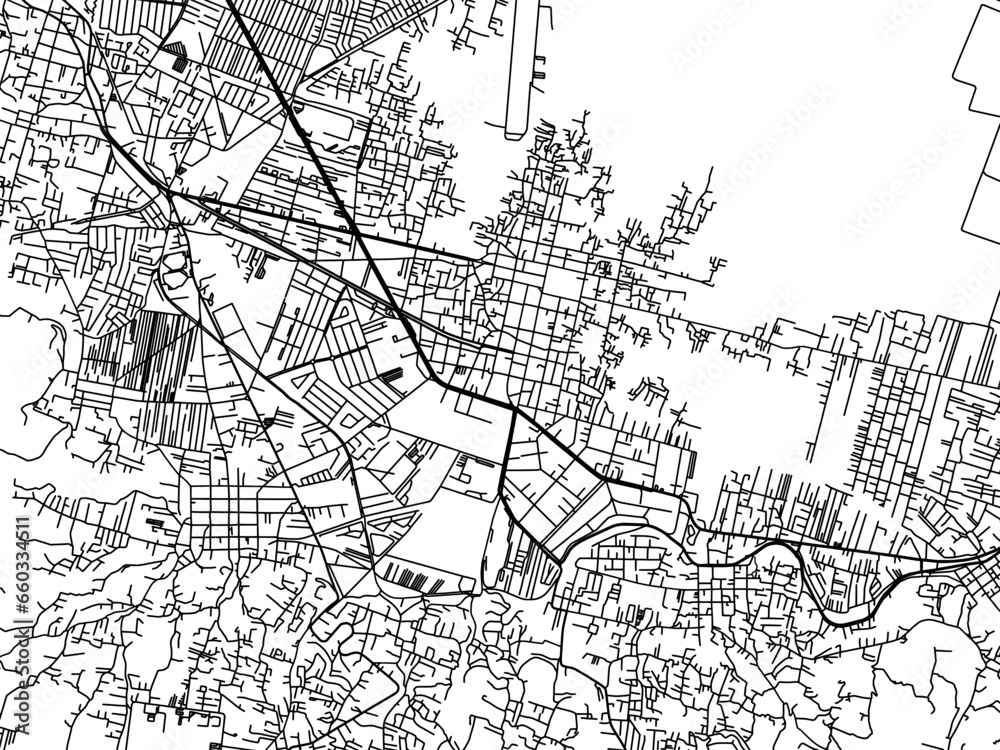 Vector road map of the city of  Xochimilco in Mexico with black roads on a white background.