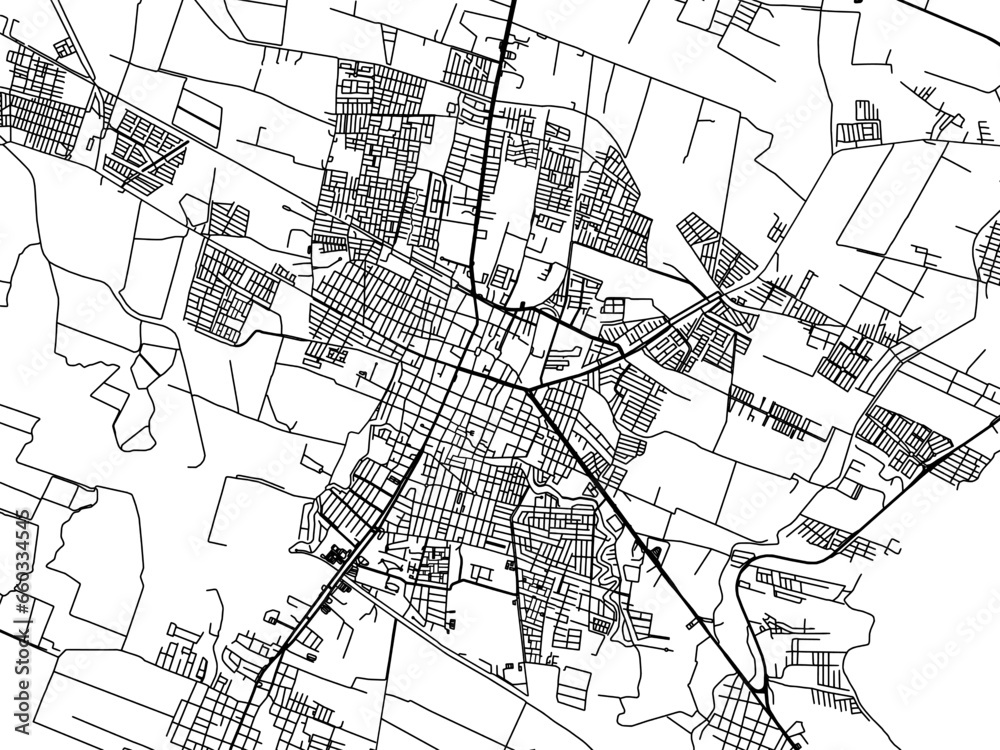Vector road map of the city of  Zamora in Mexico with black roads on a white background.