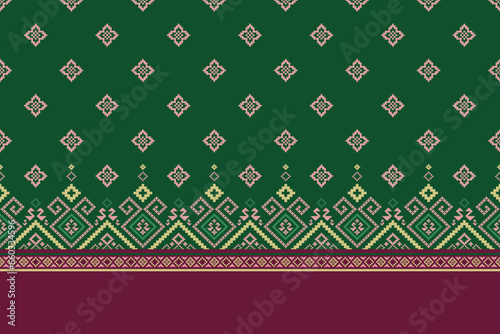 Green Cross stitch colorful geometric traditional ethnic pattern Ikat seamless pattern border abstract design for fabric print cloth dress carpet curtains and sarong Aztec African Indian Indonesian