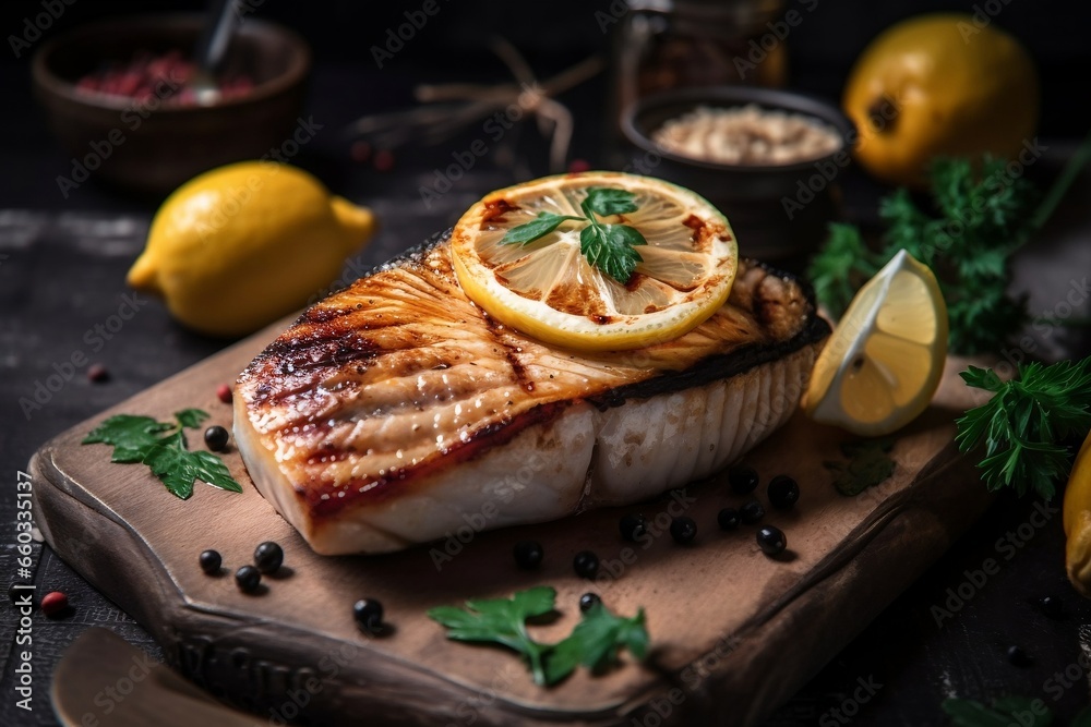 grilled fish steak sturgeon with lemon, generative ai grilled fish steak sturgeon with lemon, generative ai