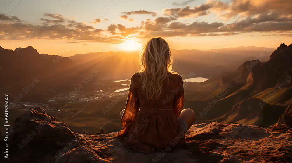 Young Woman Gazing at Sunset from a Mountain Young Woman Gazing at Sunset from a Mountain